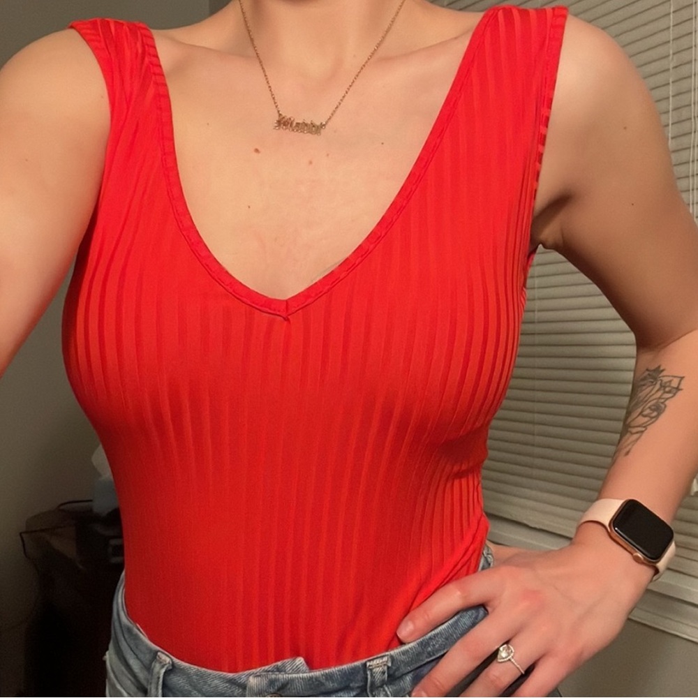 #435 Free People Red Sleeveless Ribbed Bodysuit NWOT